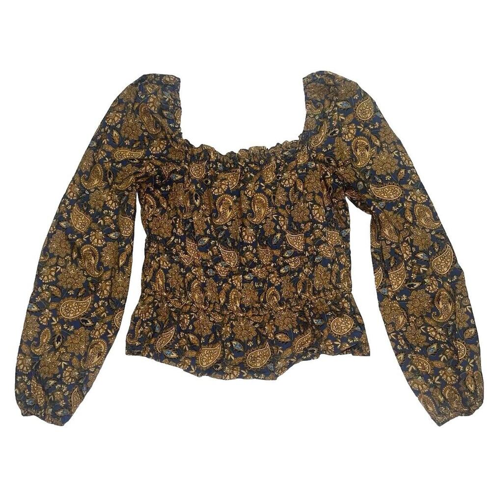 Boden Shirt Womens Size 12 Blue Gold Paisley Floral Ruched Waist Peplum Top Boho